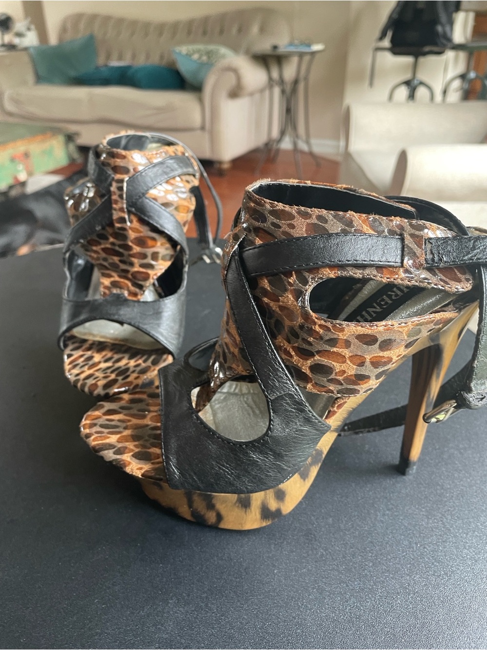 Fahrenheit Leopard Print Platform Heels with Black Straps